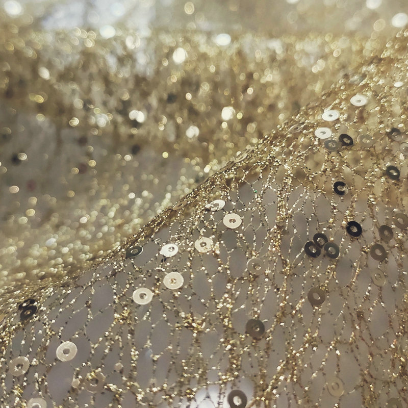 Crystal Mesh Fabric - Hard Net White Gold Sequin Embroiderry